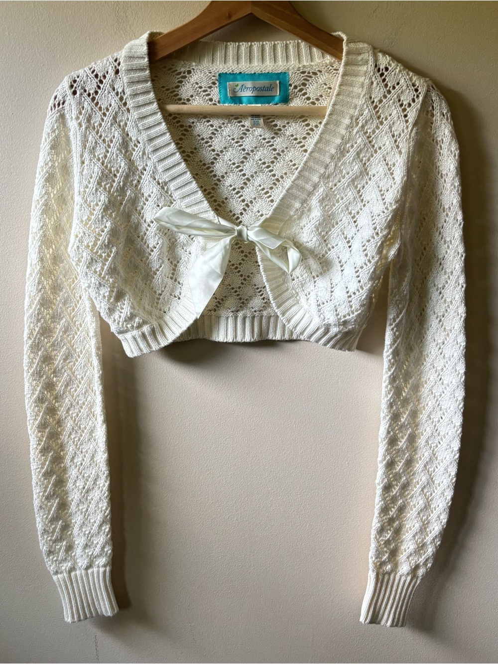 Y2K Aeropostale Cream Knit Cropped Tie-Front Cardigan